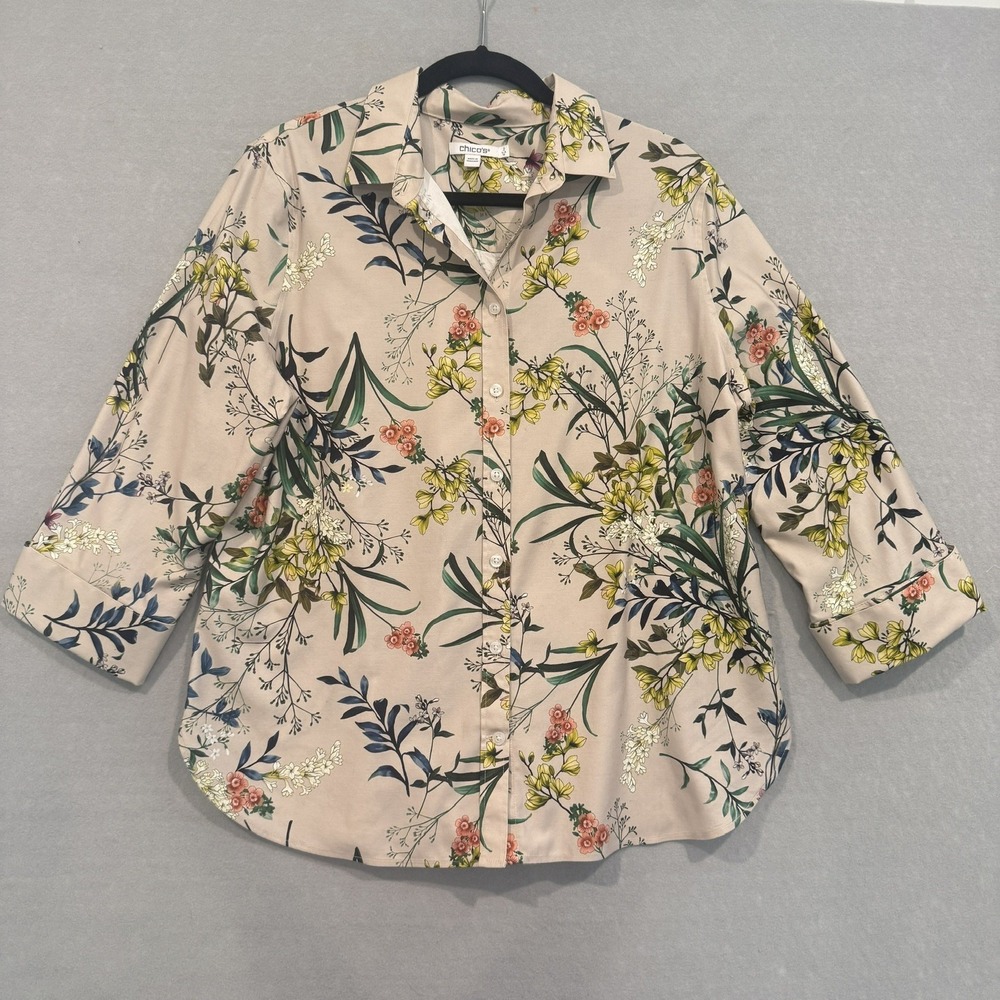 Chicos Womens No Iron Wildflower Print 3/4 Sleeve Button Down Shirt Tan Size 12